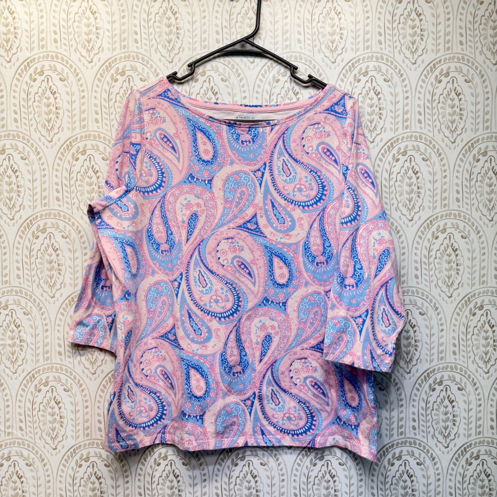 Talbots Paisley Tee Women 1X Pink Blue 3/4 Sleeve Boat Neck Cotton Knit Top